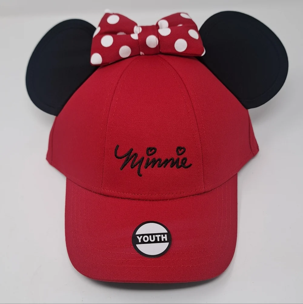 Disney‎ Minnie Mouse Ears W/ Polka Dot Bow Red and Black Youth Hat Cap New